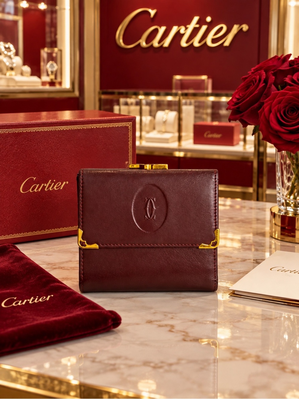 Cartier Burgundy Leather Wallet with Gold Accents - Picture 1 of 8